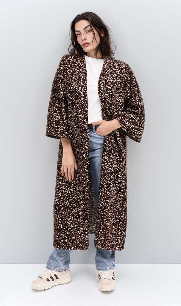 R206340 - Printed Linen Look Kimono - Dark Brown & Beige Abstract