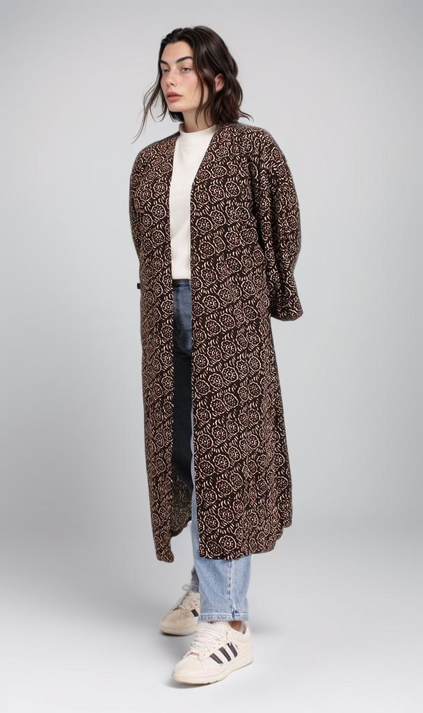 R206340 - Printed Linen Look Kimono - Dark Brown & Beige Abstract