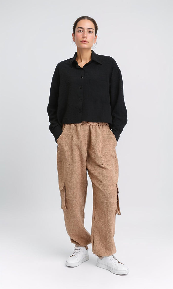 R206354 - Textured Long Sleeves Summer Shirt - Black