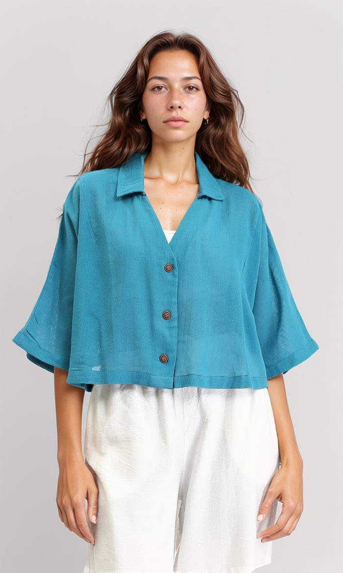 Wide V-Neck Buttoned Summer Shirt - Petroleum