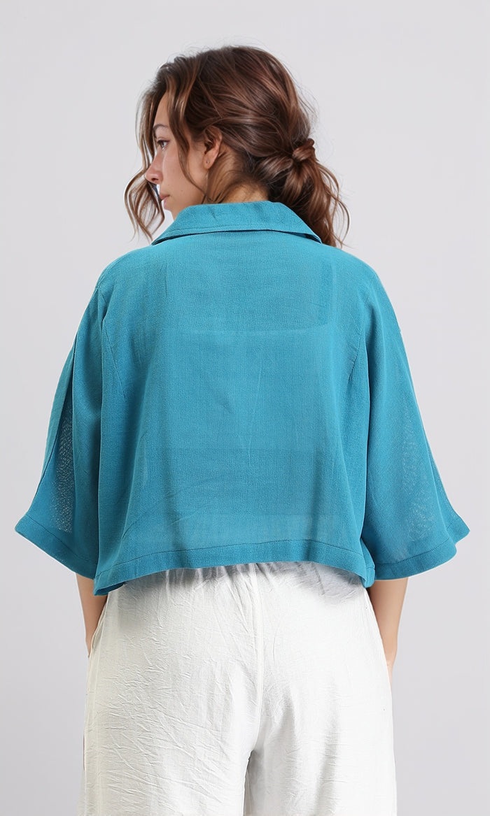 R206367 - Wide V-Neck Buttoned Summer Shirt - Petroleum