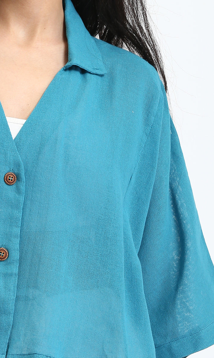 R206367 - Wide V-Neck Buttoned Summer Shirt - Petroleum