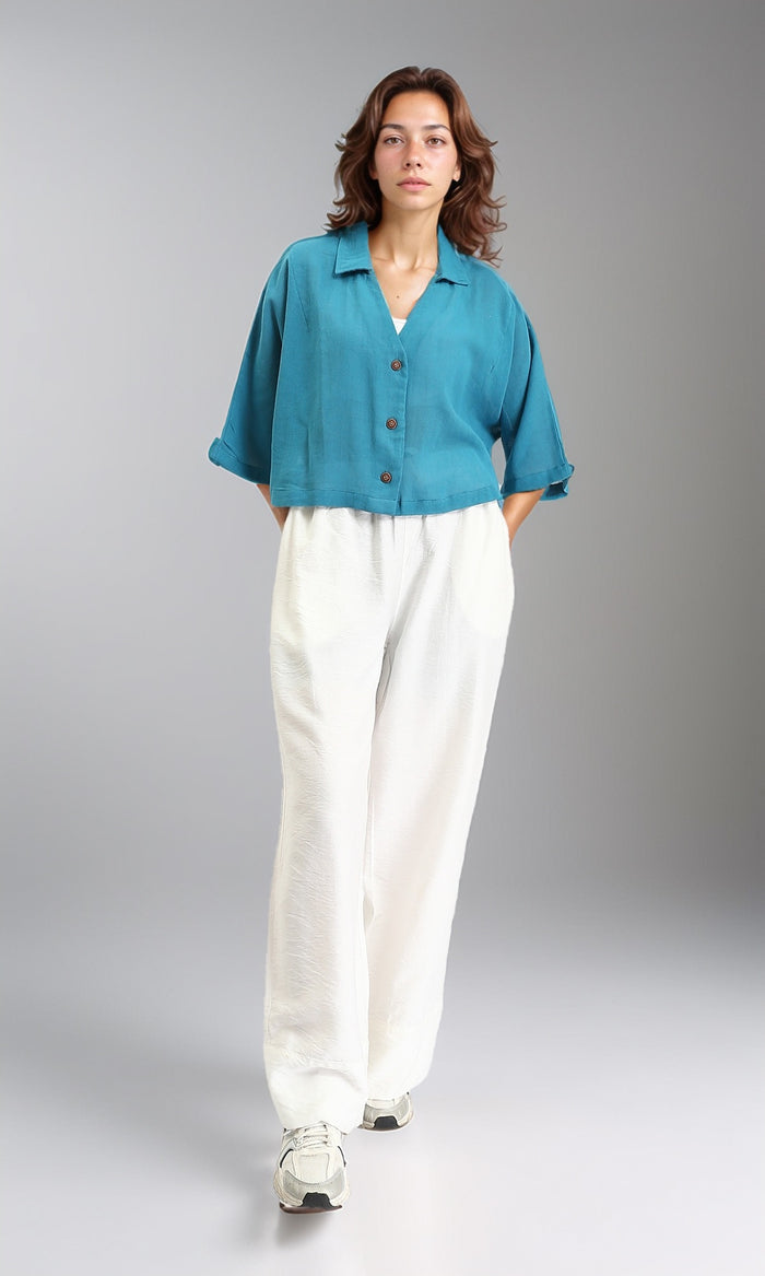 R206367 - Wide V-Neck Buttoned Summer Shirt - Petroleum