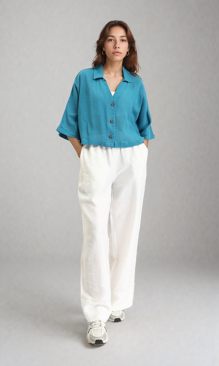 R206367 - Wide V-Neck Buttoned Summer Shirt - Petroleum