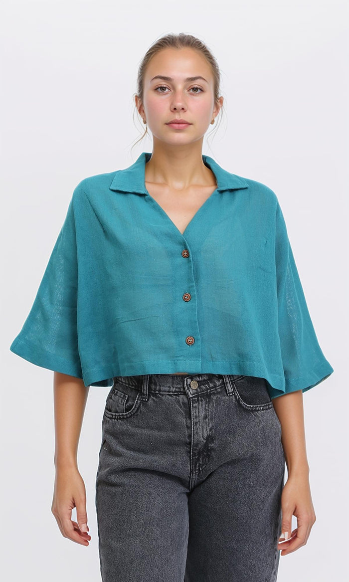 Loose Elbow-Sleeves Textured Short Shirt - Teal