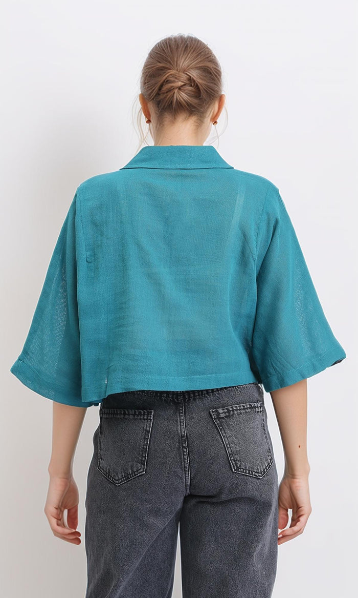 R206368 - Loose Elbow-Sleeves Textured Short Shirt - Teal
