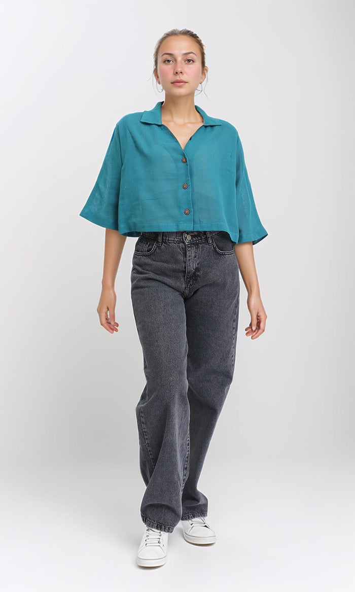 R206368 - Loose Elbow-Sleeves Textured Short Shirt - Teal