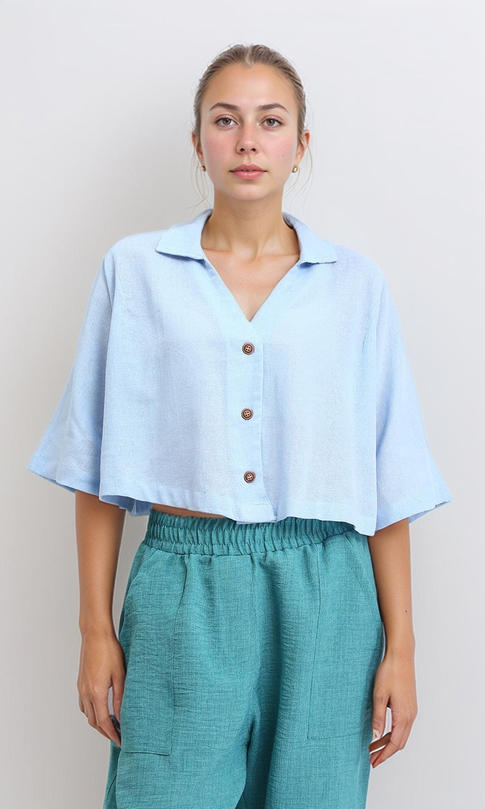 Loose Elbow-Sleeves Textured Short Shirt - Light Blue