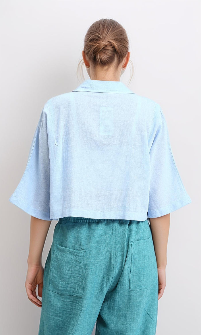 R206369 - Loose Elbow-Sleeves Textured Short Shirt - Light Blue