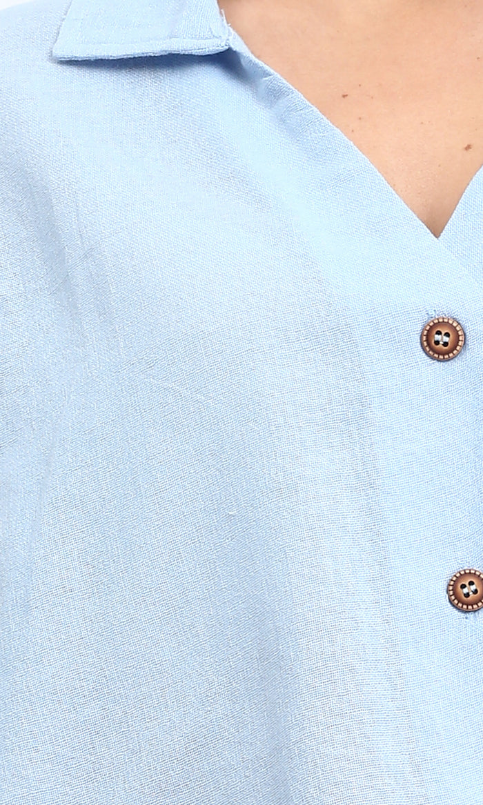 R206369 - Loose Elbow-Sleeves Textured Short Shirt - Light Blue