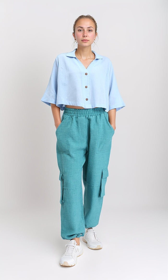 R206369 - Loose Elbow-Sleeves Textured Short Shirt - Light Blue