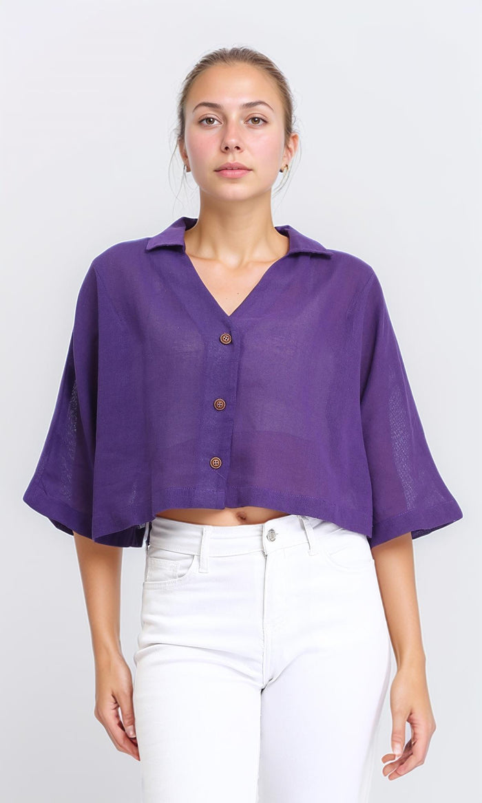 Loose Elbow-Sleeves Textured Short Shirt - Dark Purple