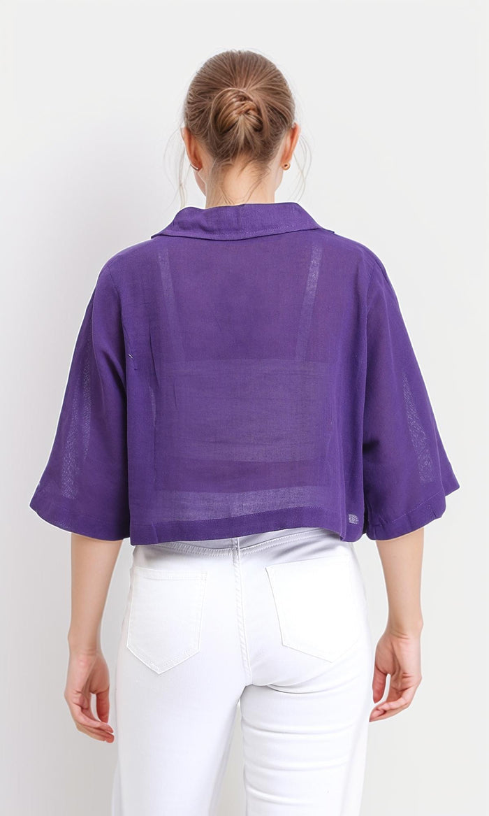 R206371 - Loose Elbow-Sleeves Textured Short Shirt - Dark Purple
