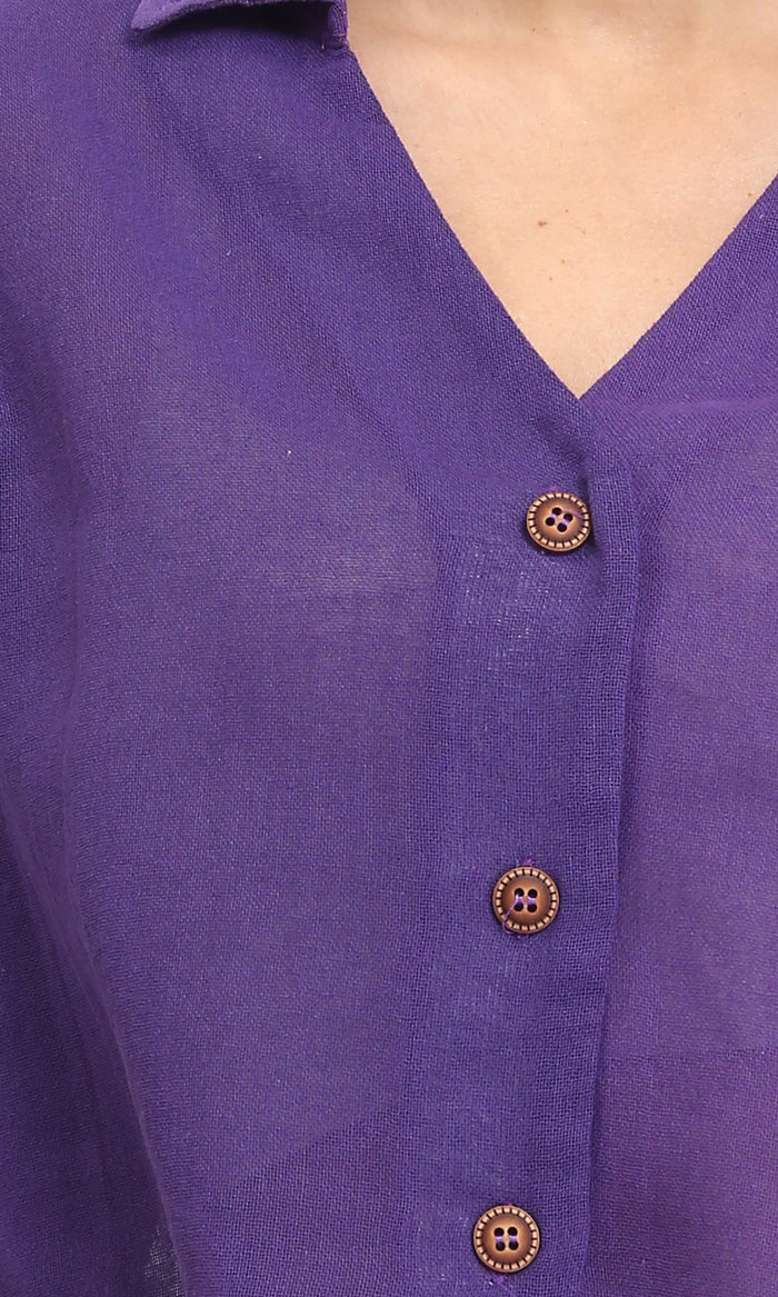 R206371 - Loose Elbow-Sleeves Textured Short Shirt - Dark Purple