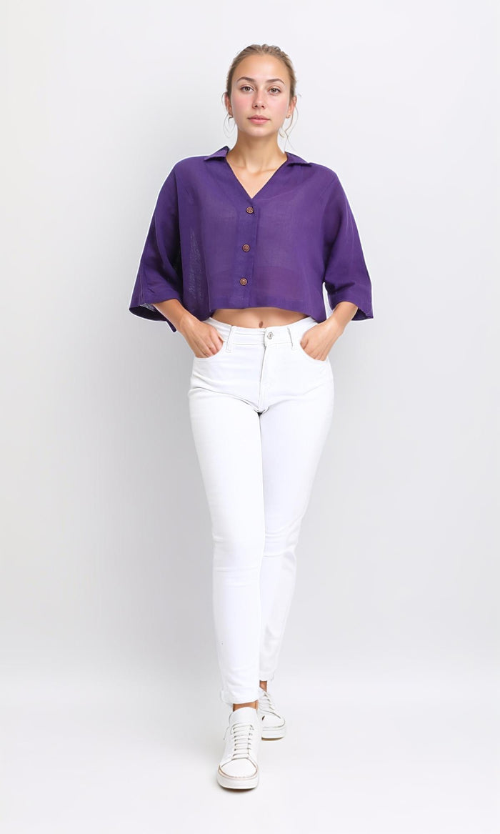 R206371 - Loose Elbow-Sleeves Textured Short Shirt - Dark Purple