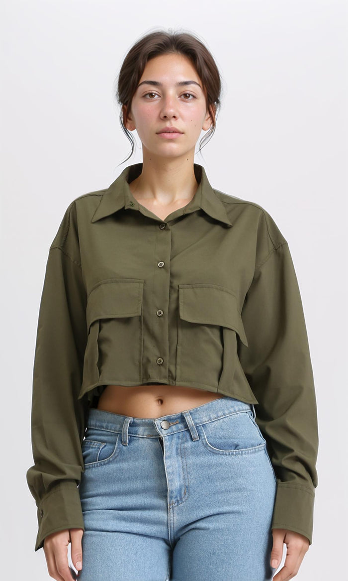 Solid Long Sleeves Short Shirt - Dark Army Green