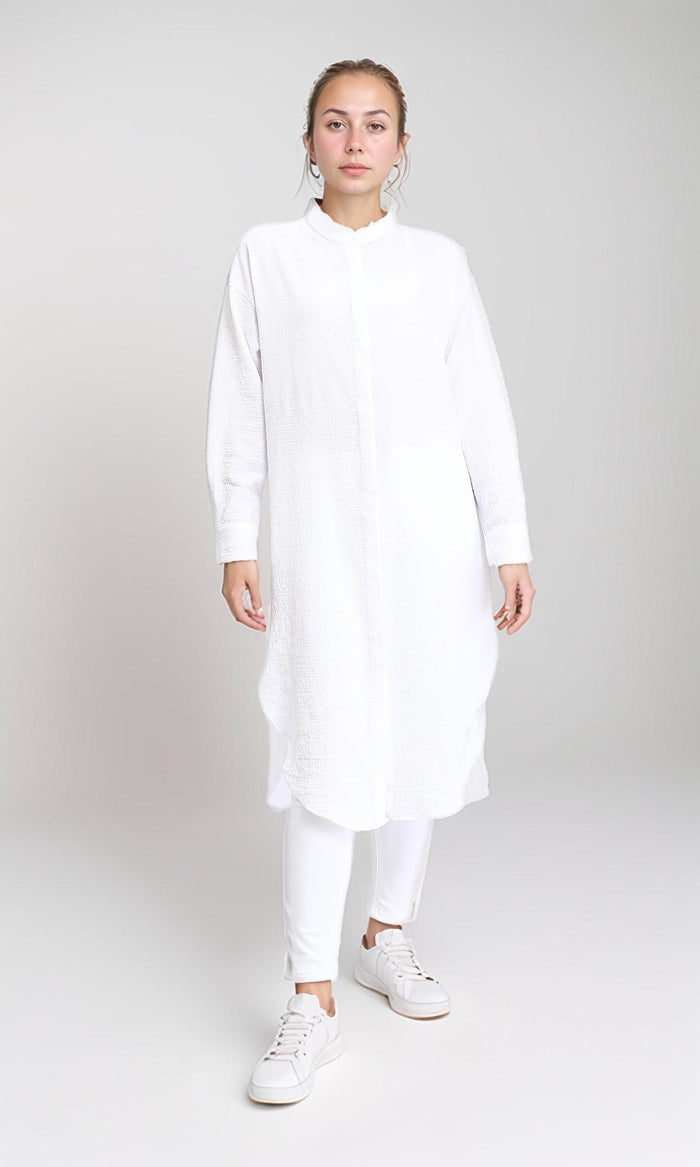 Mandarin Collar Buttoned Textured Shirt - White