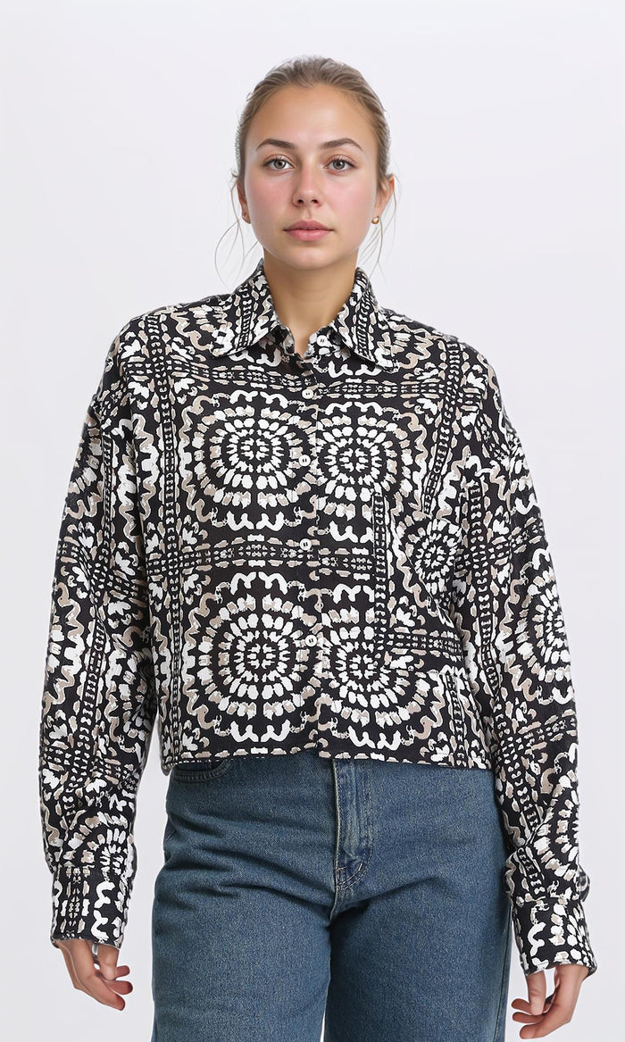 Patterned Long Sleeves Short Shirt - Coffee & Black