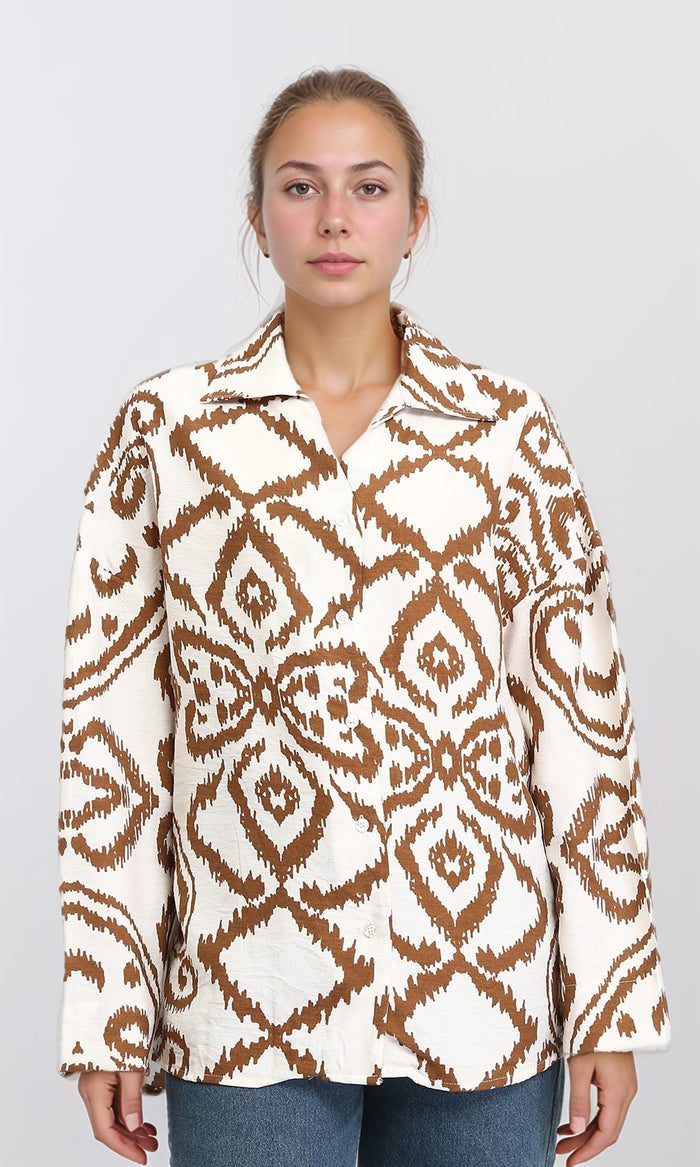 Open V-Neck Patterned Shirt - Brown & Off-White