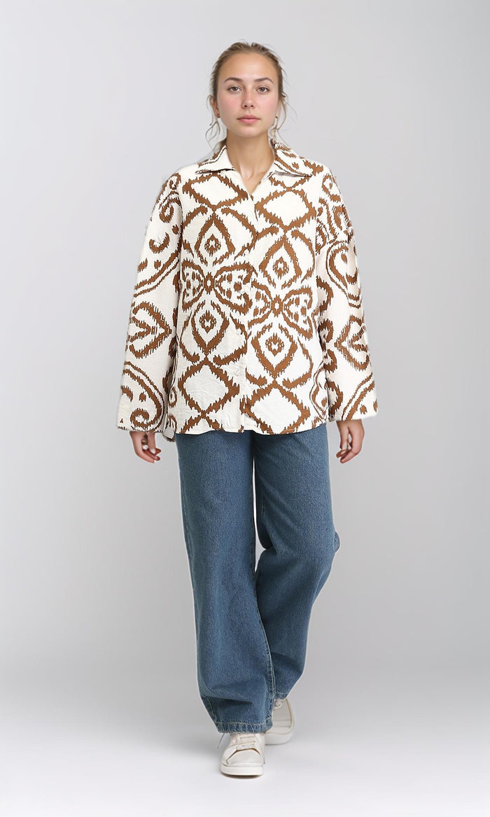 R206505 - Open V-Neck Patterned Shirt - Brown & Off-White