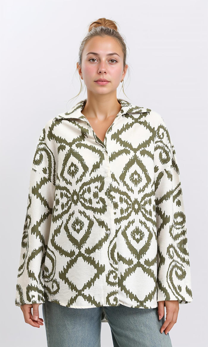 Open V-Neck Patterned Shirt - Dark Olive & Off-White