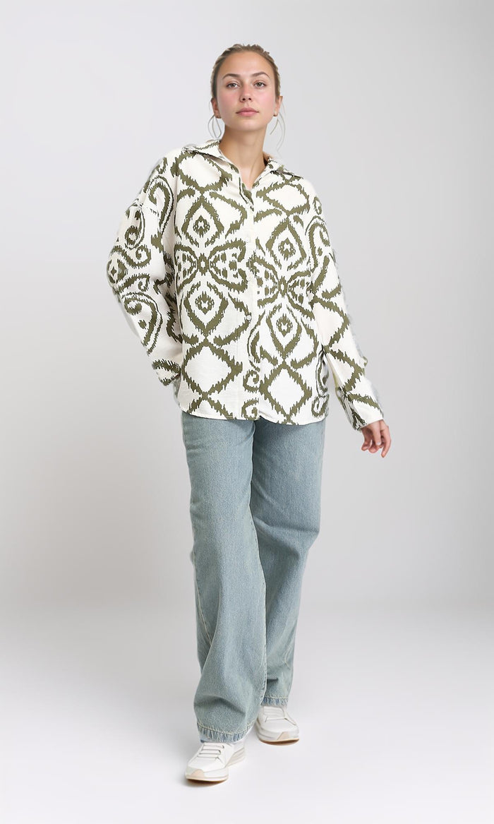 R206507 - Open V-Neck Patterned Shirt - Dark Olive & Off-White
