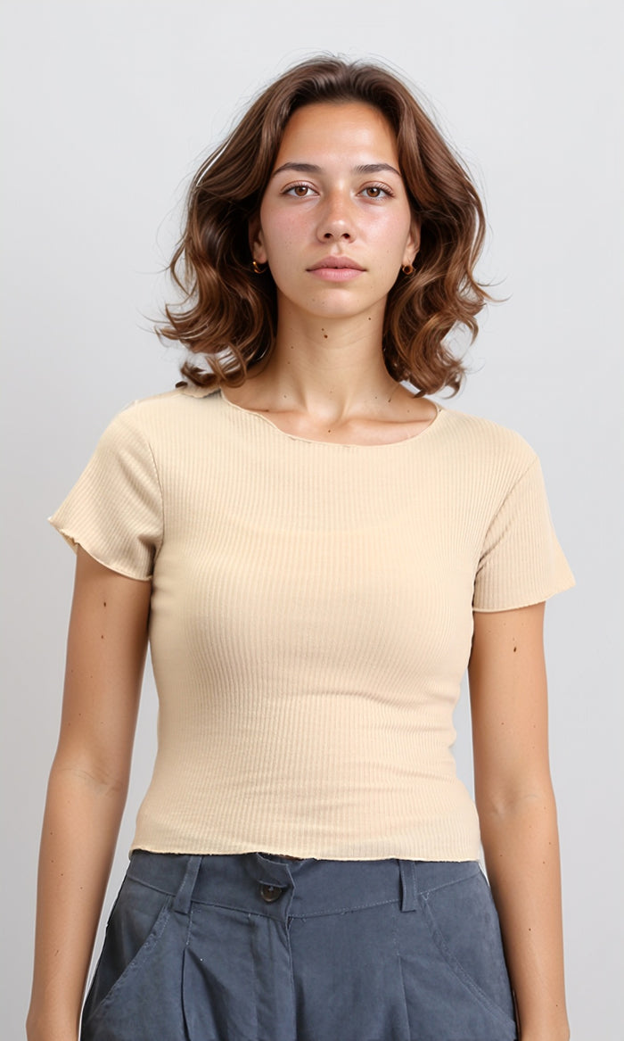 Short Sleeves Ribbed Summer Top - Dark Beige