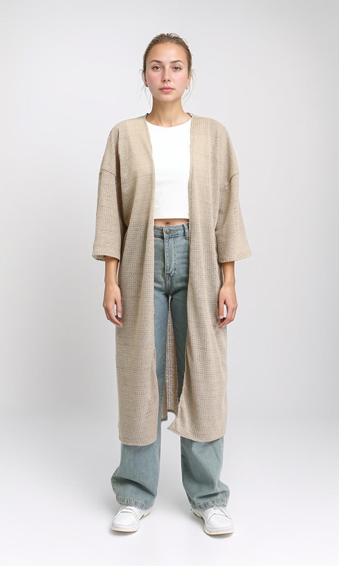 R206561 - 3/4 Sleeves Slip On Long Cardigan - Light Coffee