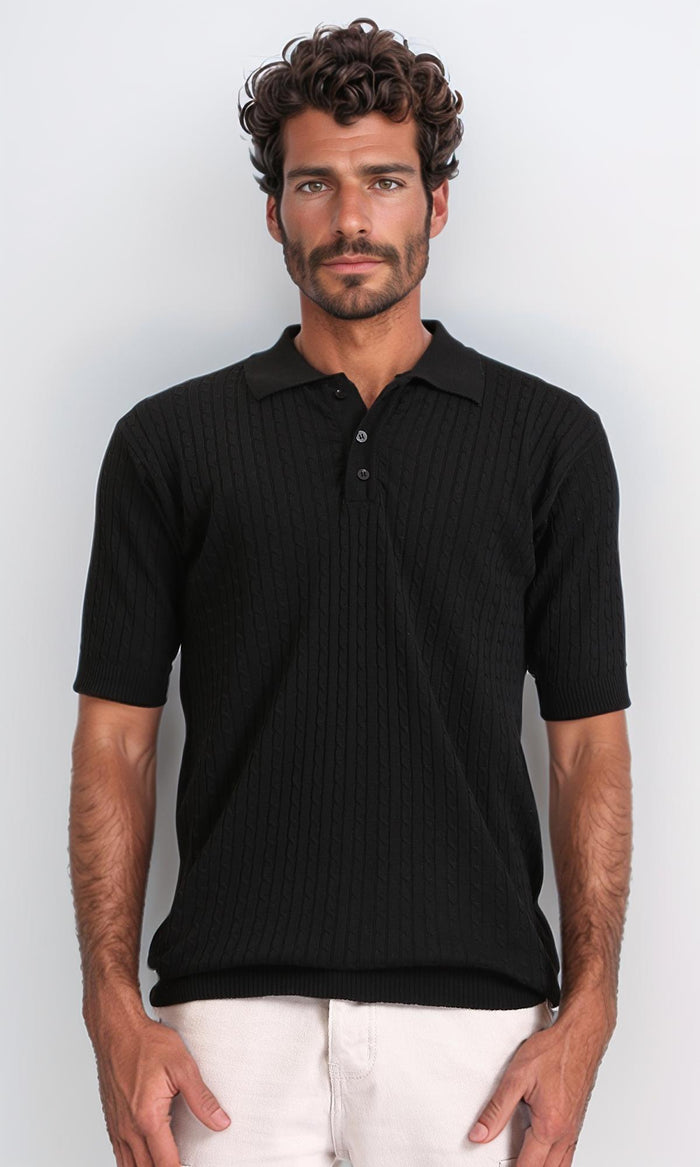Braided Buttoned Neck Polo Shirt - Black