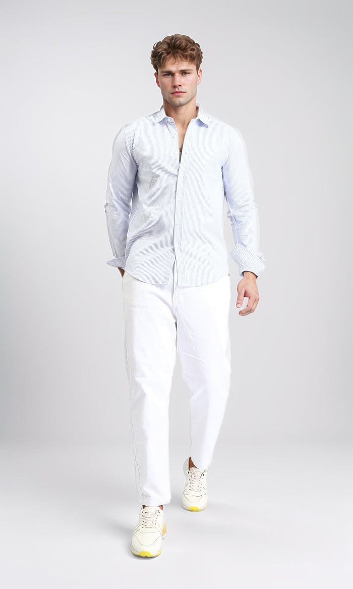 R206955 - Pencil Stripes Long Sleeves Shirt - Light Blue & White