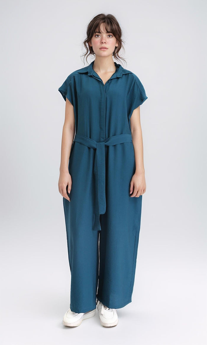 Solid Jumpsuit with Hidden Buttons - Teal