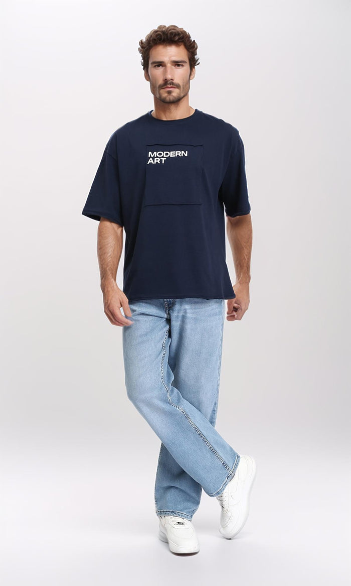 R207072 - Elbow Sleeves Printed Comfy Tee - Navy Blue