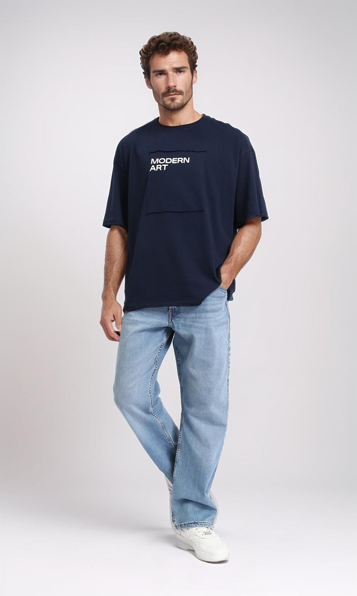 R207072 - Elbow Sleeves Printed Comfy Tee - Navy Blue