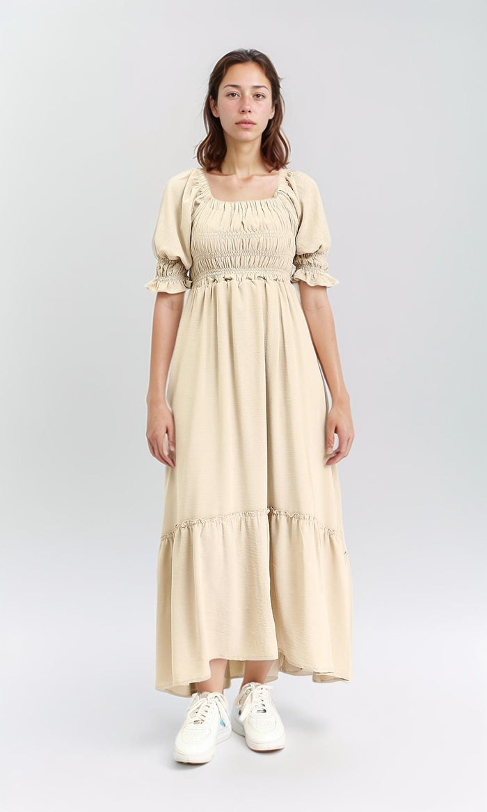 Square Neck Slip On Summer Dress - Beige