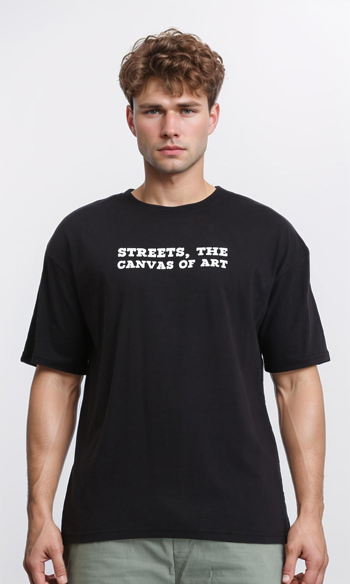 Elbow Sleeves Printed Cotton Tee - Black