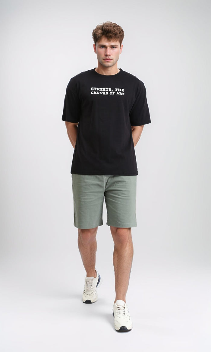 R207703 - Elbow Sleeves Printed Cotton Tee - Black