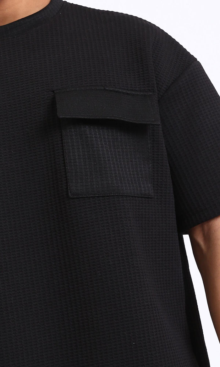 R207845-Slip On Loose Tee with Front Pocket - Black