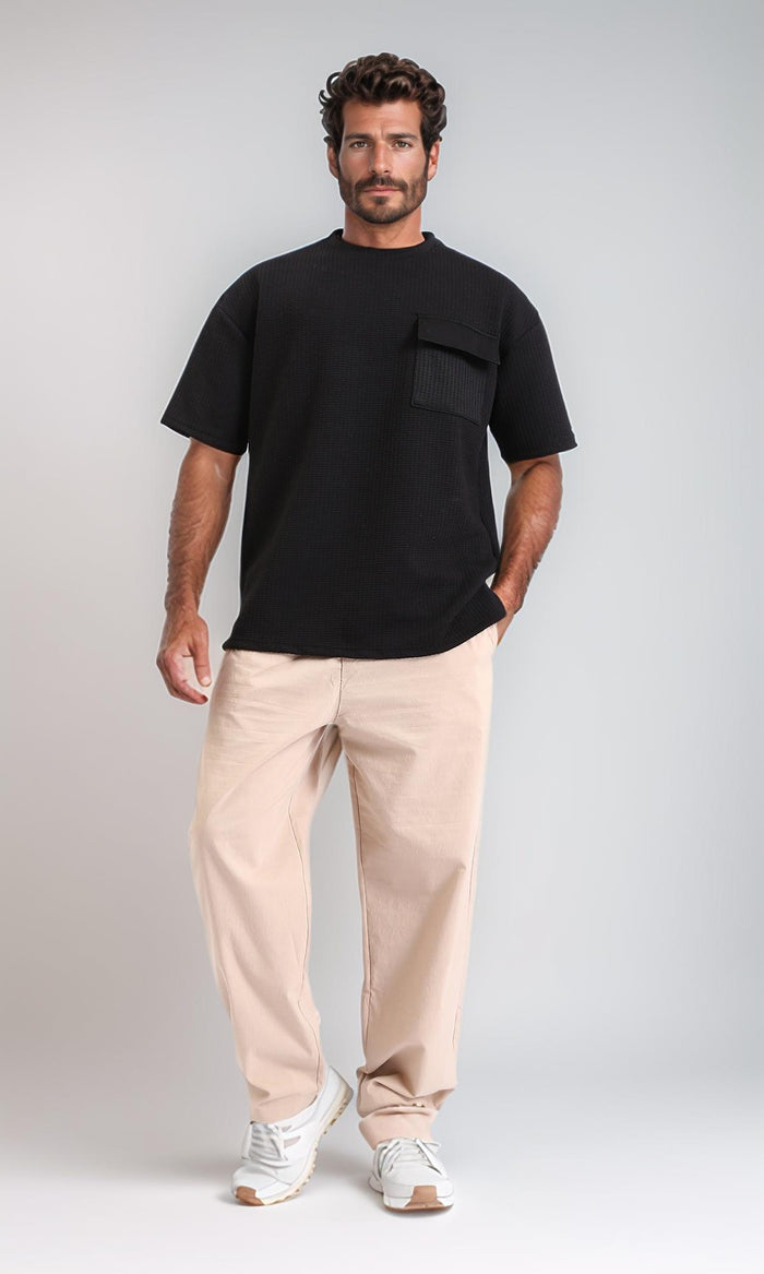 R207845-Slip On Loose Tee with Front Pocket - Black