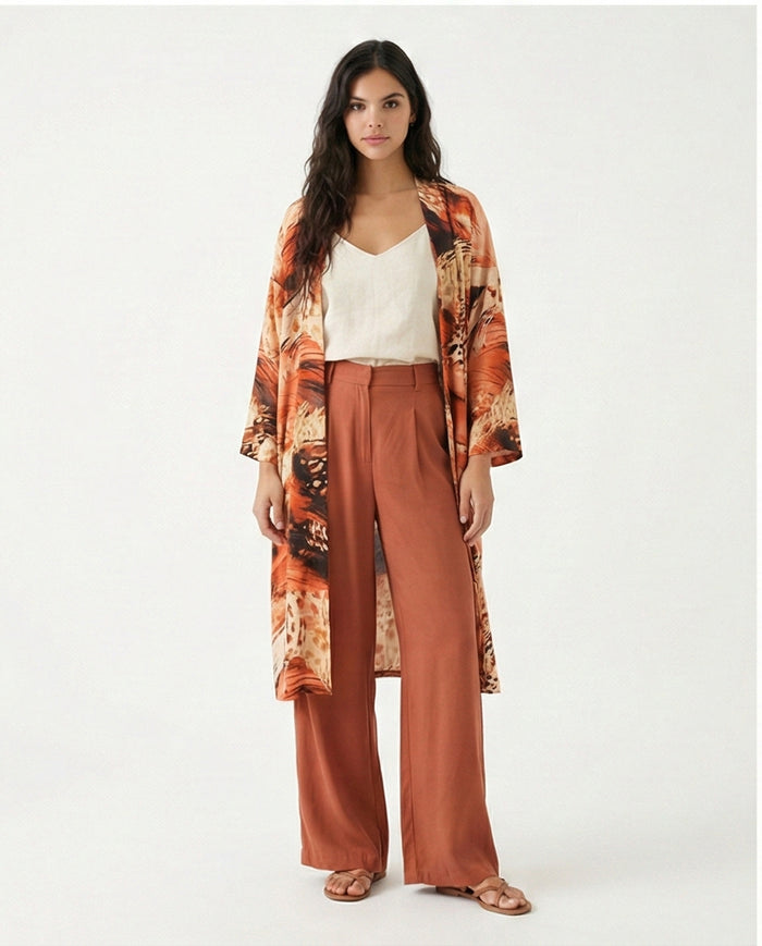Printed Linen Look Kimono - Abstract Brown