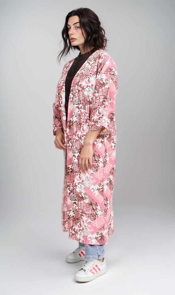 R207946 - Printed Linen Look Kimono - Pink Abstract