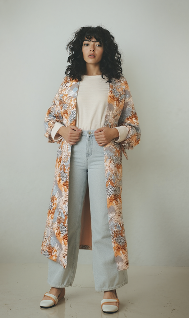 Printed Kimono - Orange Geometric Pattern