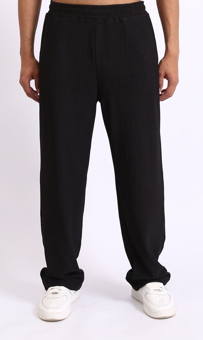 Elastic Waist Comfy Ribbed Pants - Black