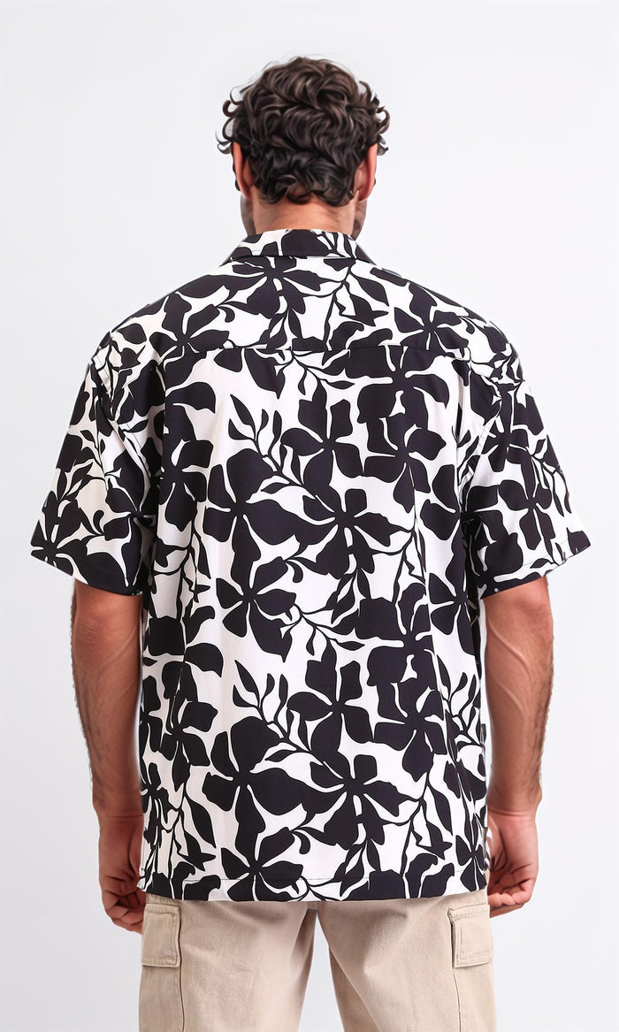 R208110-Floral Relaxed Fit Casual Shirt - Black & White