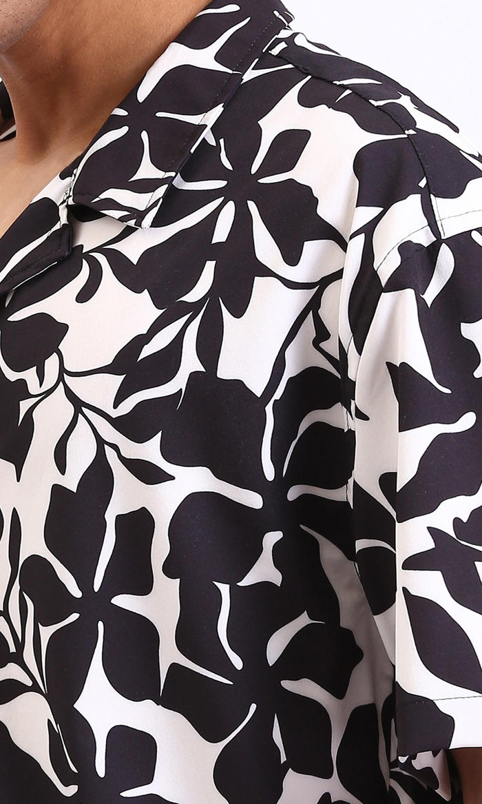 R208110-Floral Relaxed Fit Casual Shirt - Black & White