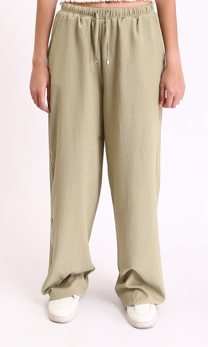 Wide-Leg Textured Drawstring Pants - Light Sage Green