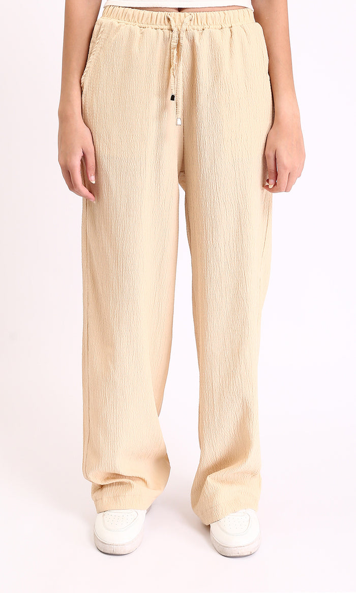 Wide-Leg Textured Drawstring Pants - Beige