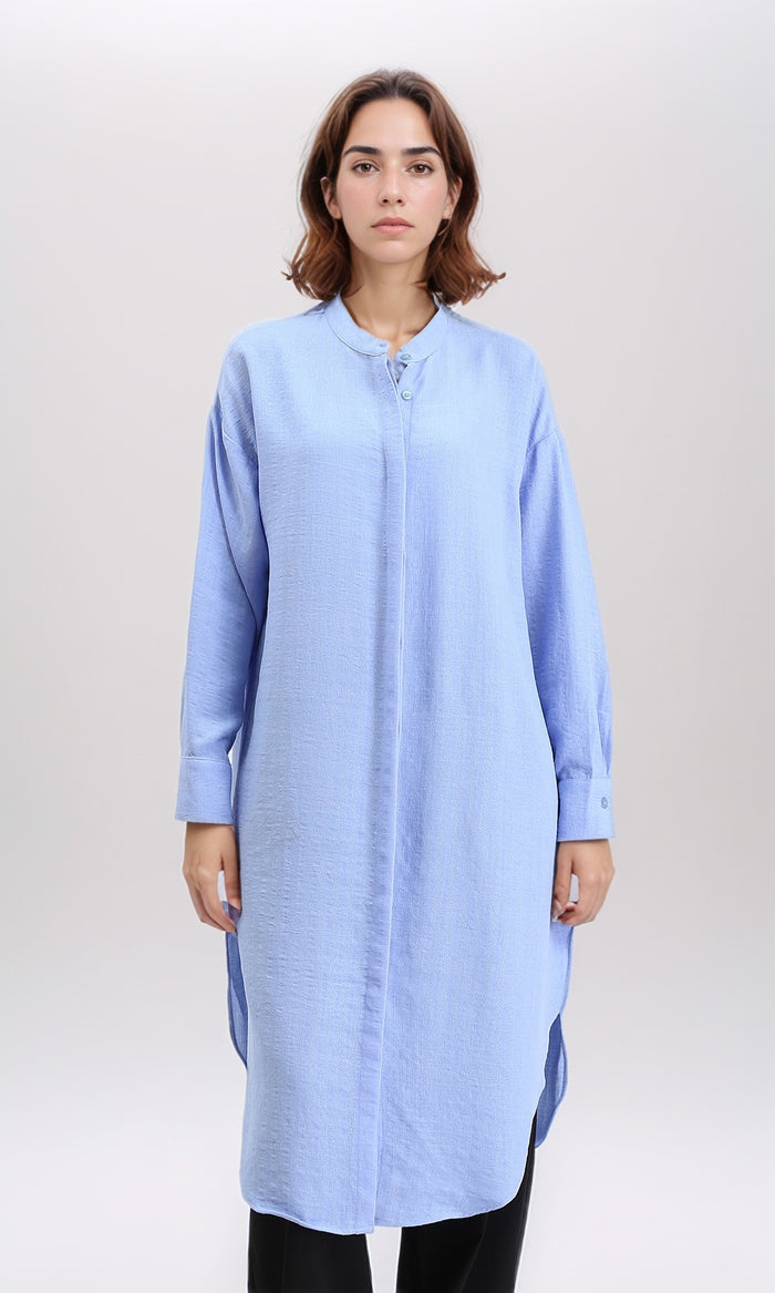 Mandarin Collar Textured Long Shirt - Baby Blue