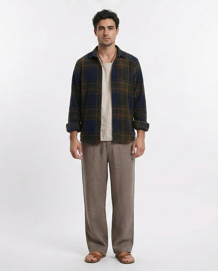 R208153 - Tartan Shirt with Classic Collar - Navy Blue & Camel