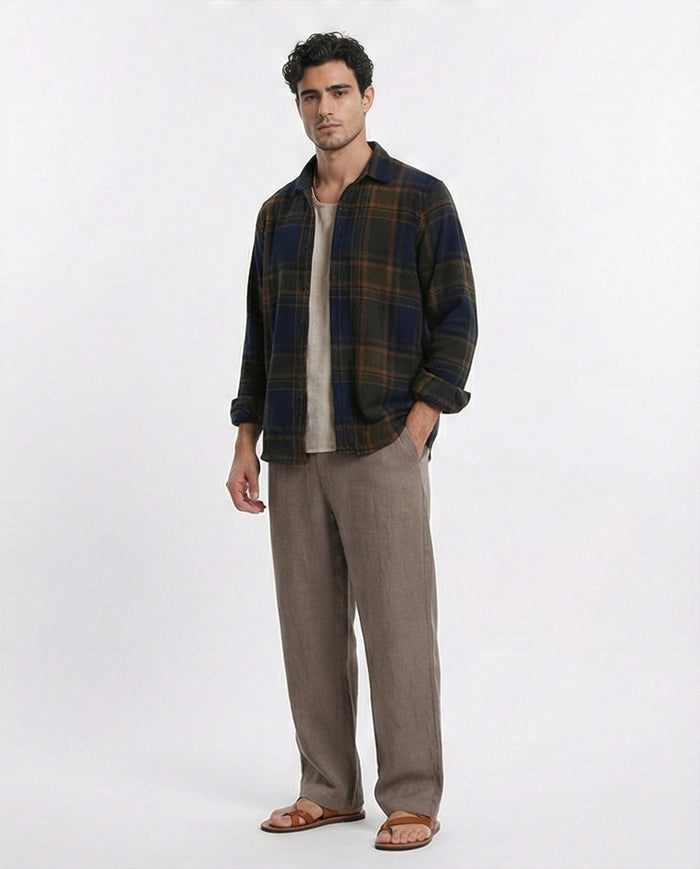 R208153 - Tartan Shirt with Classic Collar - Navy Blue & Camel