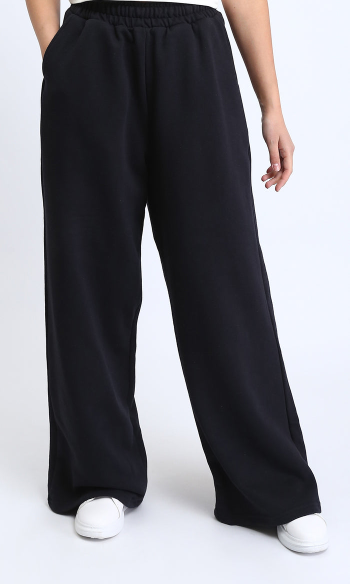 Solid Slip On Wide Leg Pants - Black